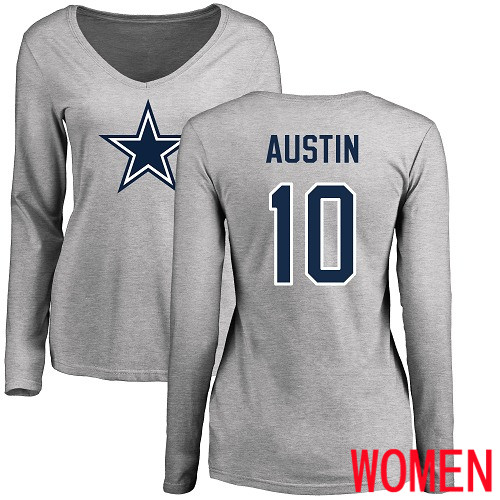 Women Dallas Cowboys Ash Tavon Austin Name and Number Logo Slim Fit #10 Long Sleeve Nike NFL T Shirt->women nfl jersey->Women Jersey